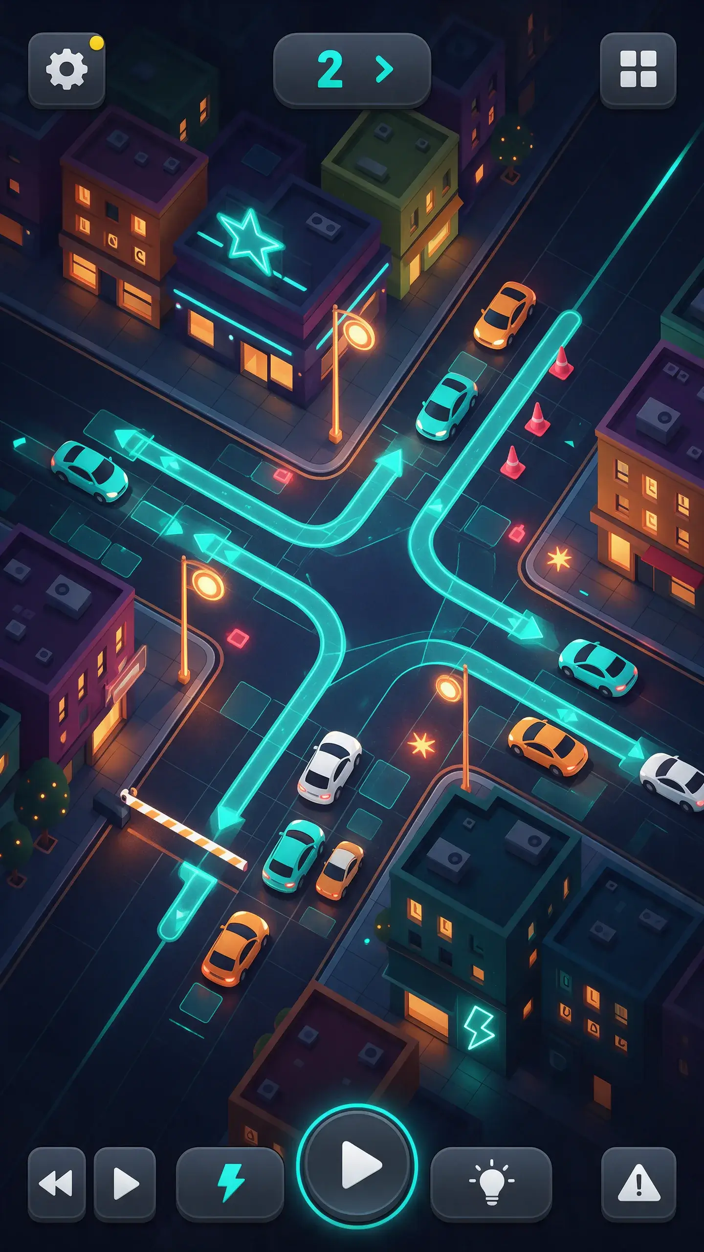 A crowded intersection with signals, gates and obstacles